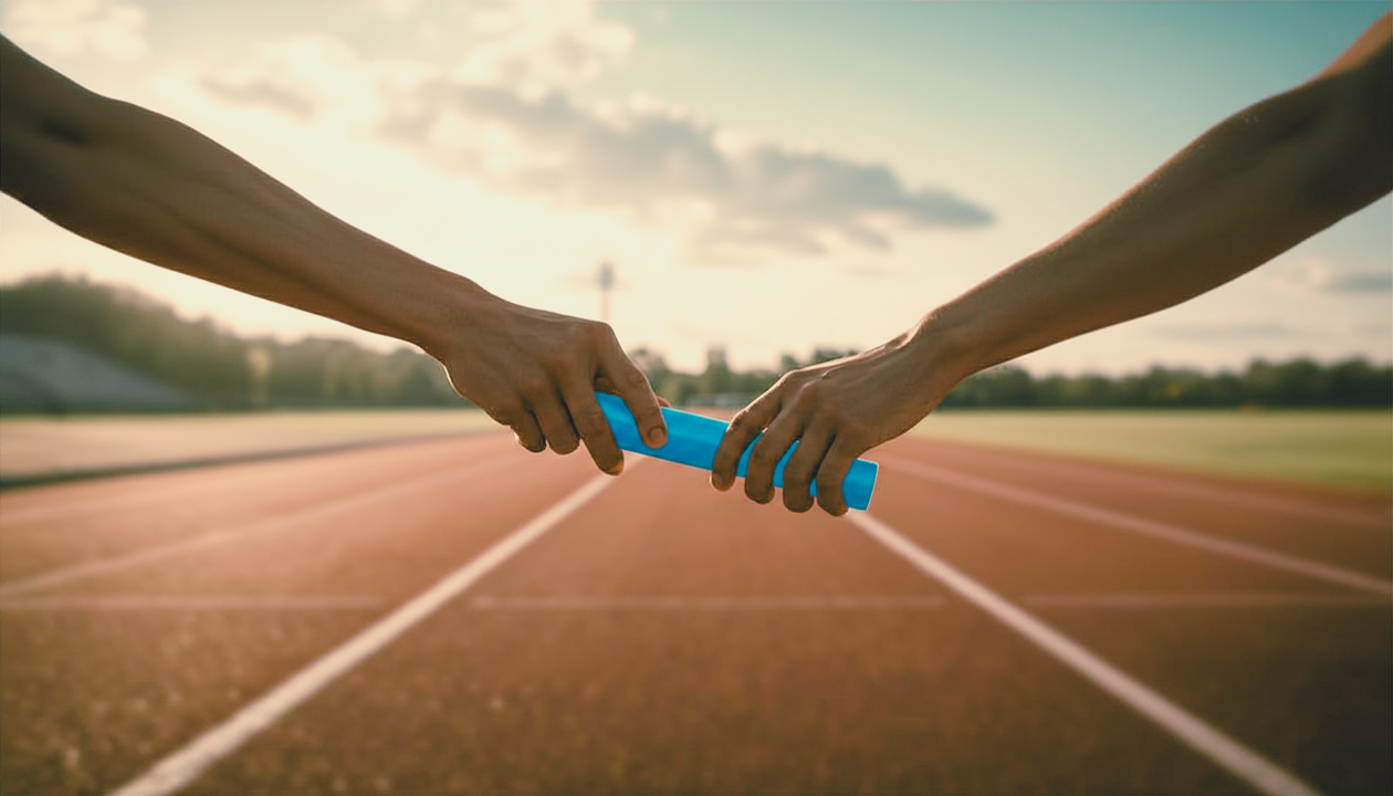 Two runners passing a blue baton on a track — strategy, training, and implementation working in handoff.