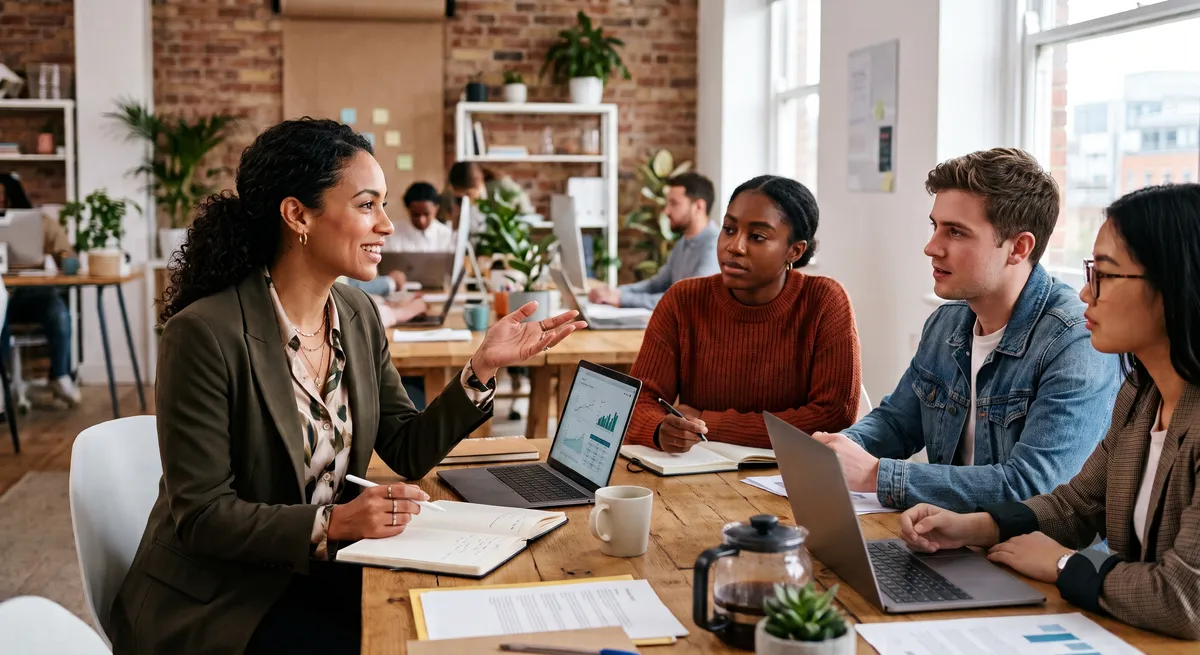 A SkillSpout consultant leading an AI strategy session with a team around a laptop